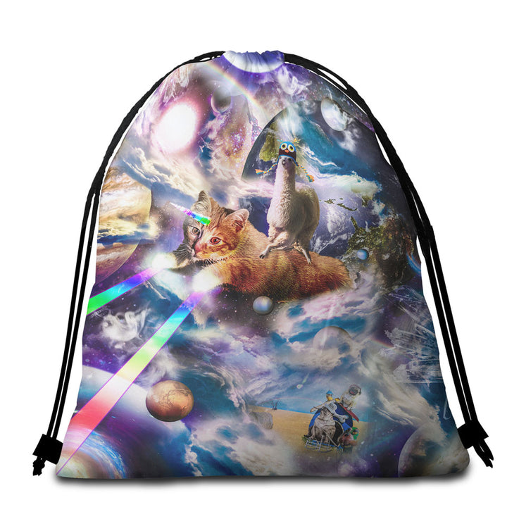 Trendy Beach Towel Bags Cool Crazy Space Llama Riding Rainbow Laser Cat Unicorn