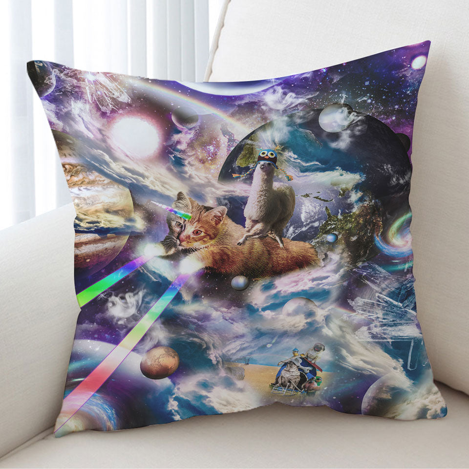 Trendy Cushion Covers Cool Crazy Space Llama Riding Rainbow Laser Cat Unicorn
