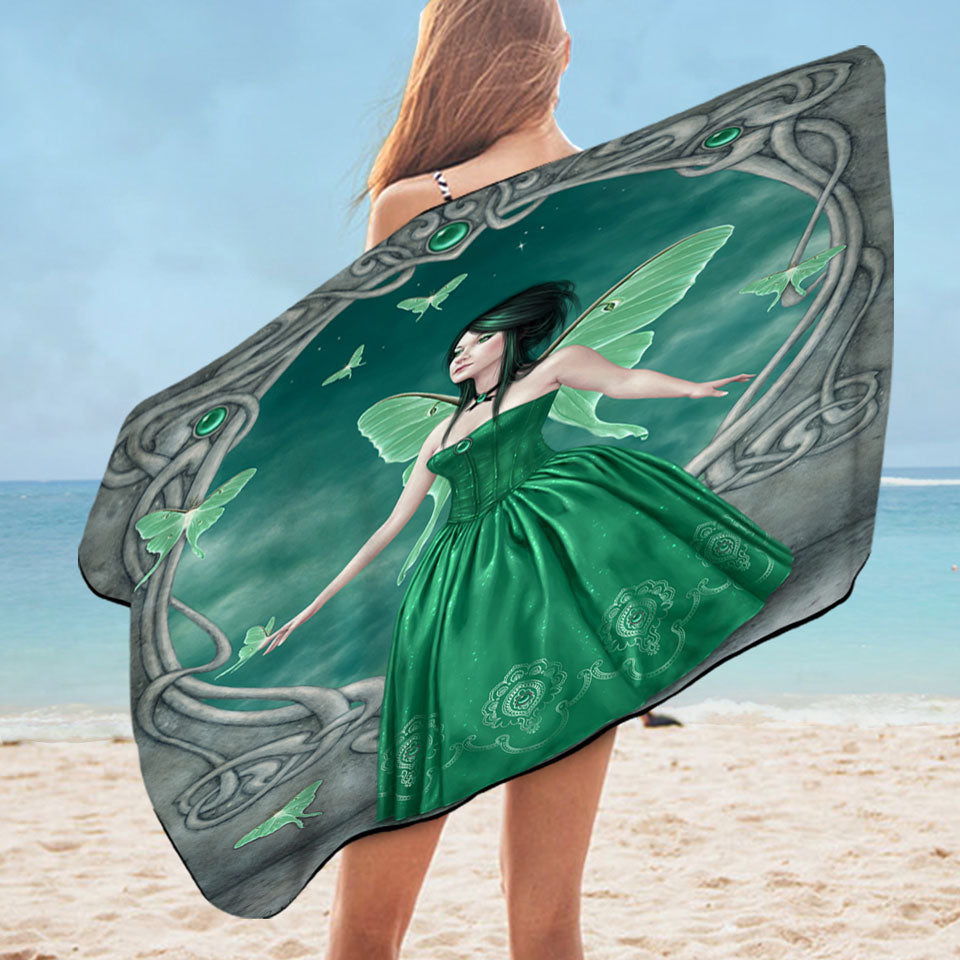 Trendy Microfiber Beach Towel Butterflies and Green Emerald Butterfly Girl