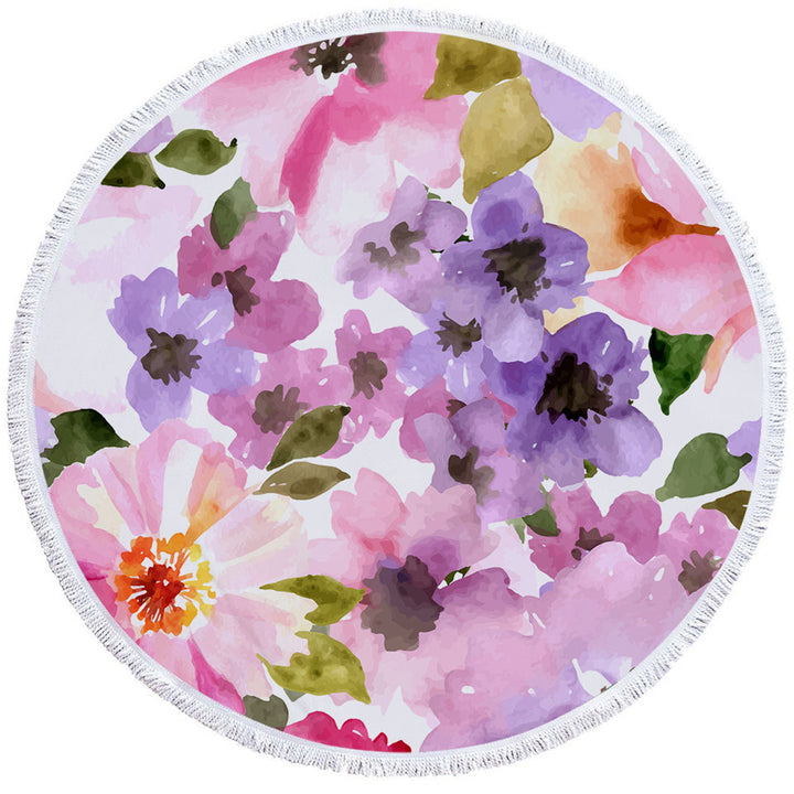 Trendy Round Beach Towels Water Colored Flowers