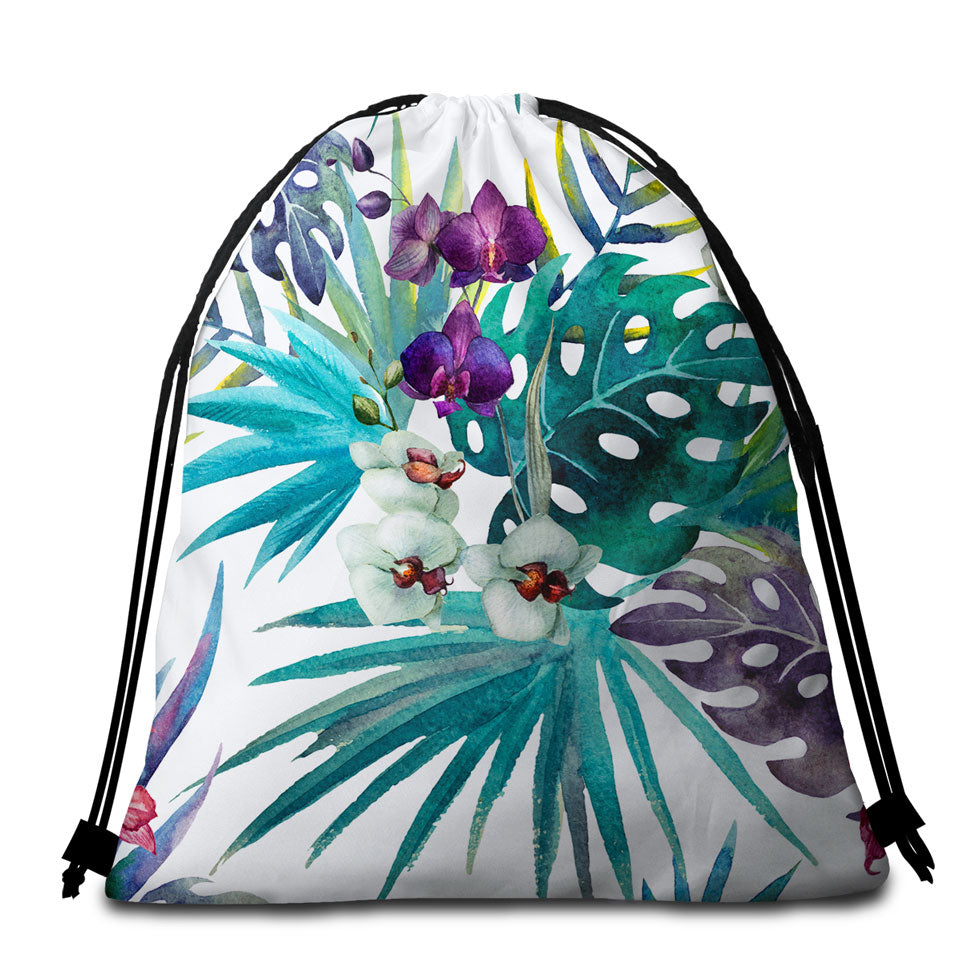 Tropical Beach Towel Bags Leaves and Purple White Orchid Flowers