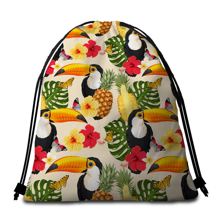 Tropical Beach Towel Bags Toucans Tropical Flowers and Pineapple