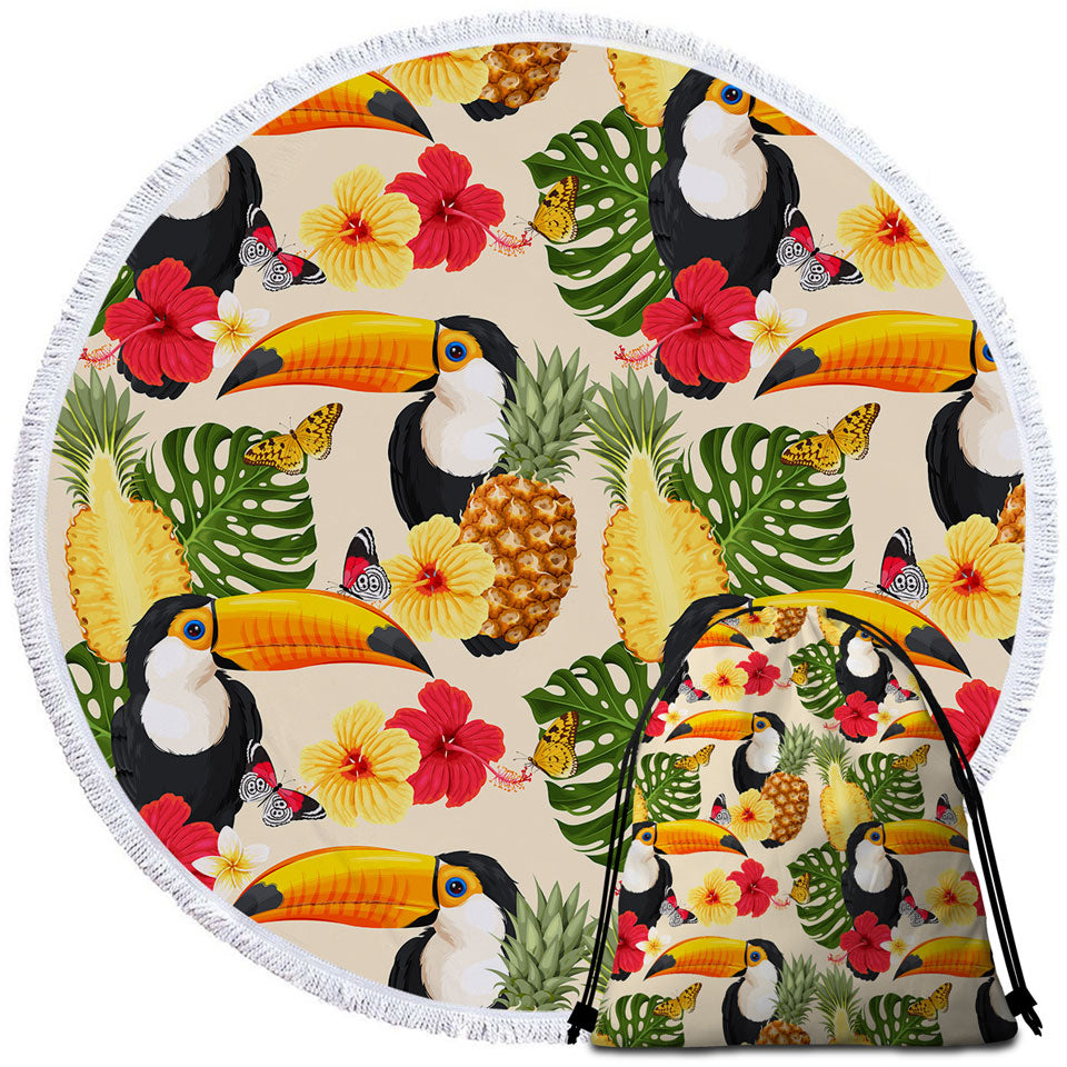 Tropical Beach Towels and Bags Set Toucans Tropical Flowers and Pineapple