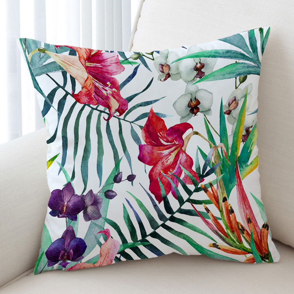 Tropical Cushion Covers Purple White Orchid and Red Hibiscus Flowers