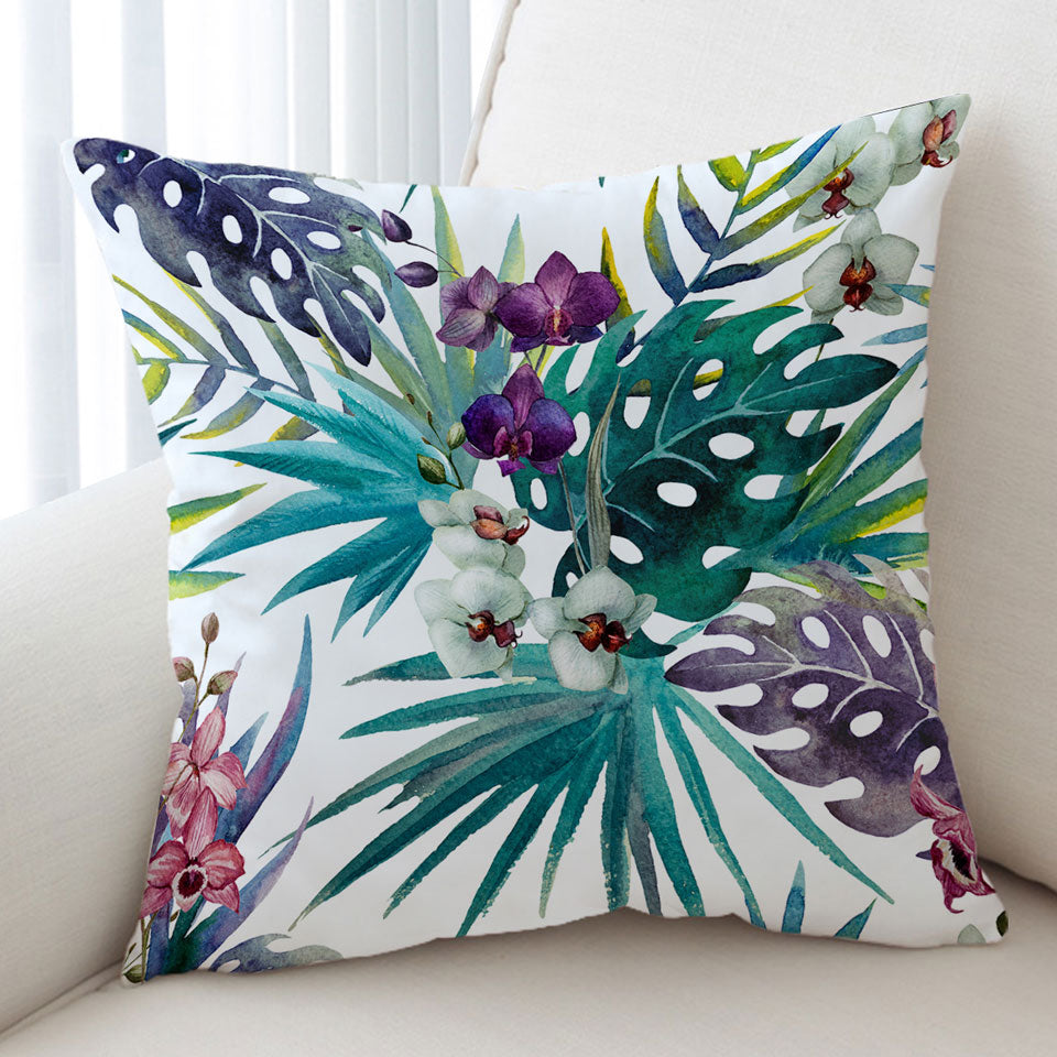 Tropical Cushions Leaves and Purple White Orchid Flowers