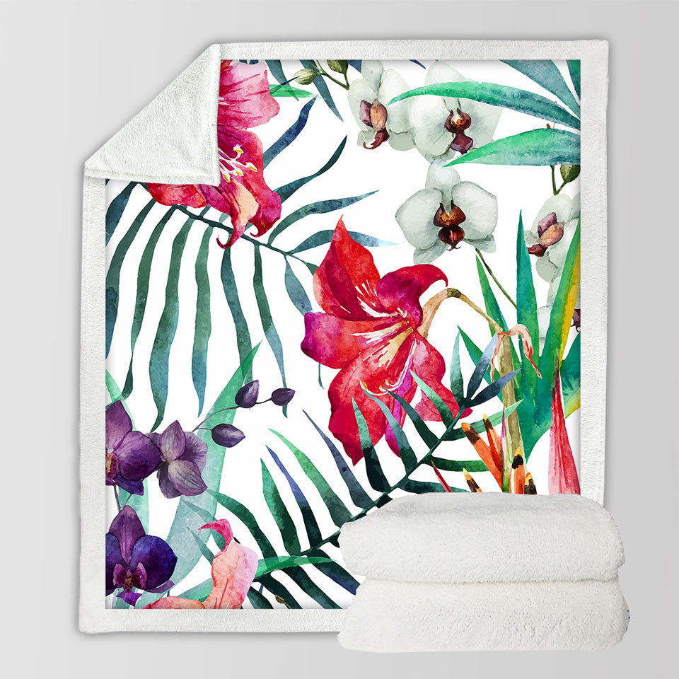 Tropical Decorative Throws Purple White Orchid and Red Hibiscus Flowers