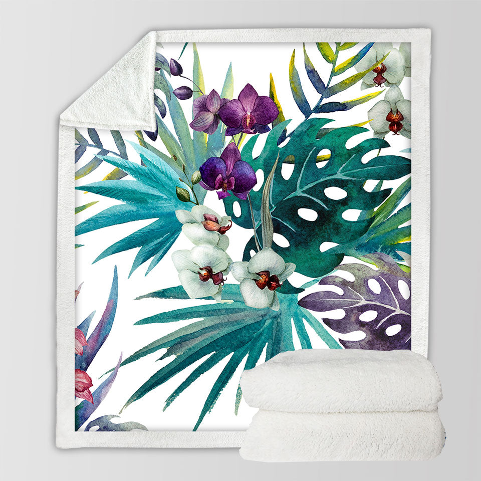 Tropical Fleece Blankets Leaves and Purple White Orchid Flowers