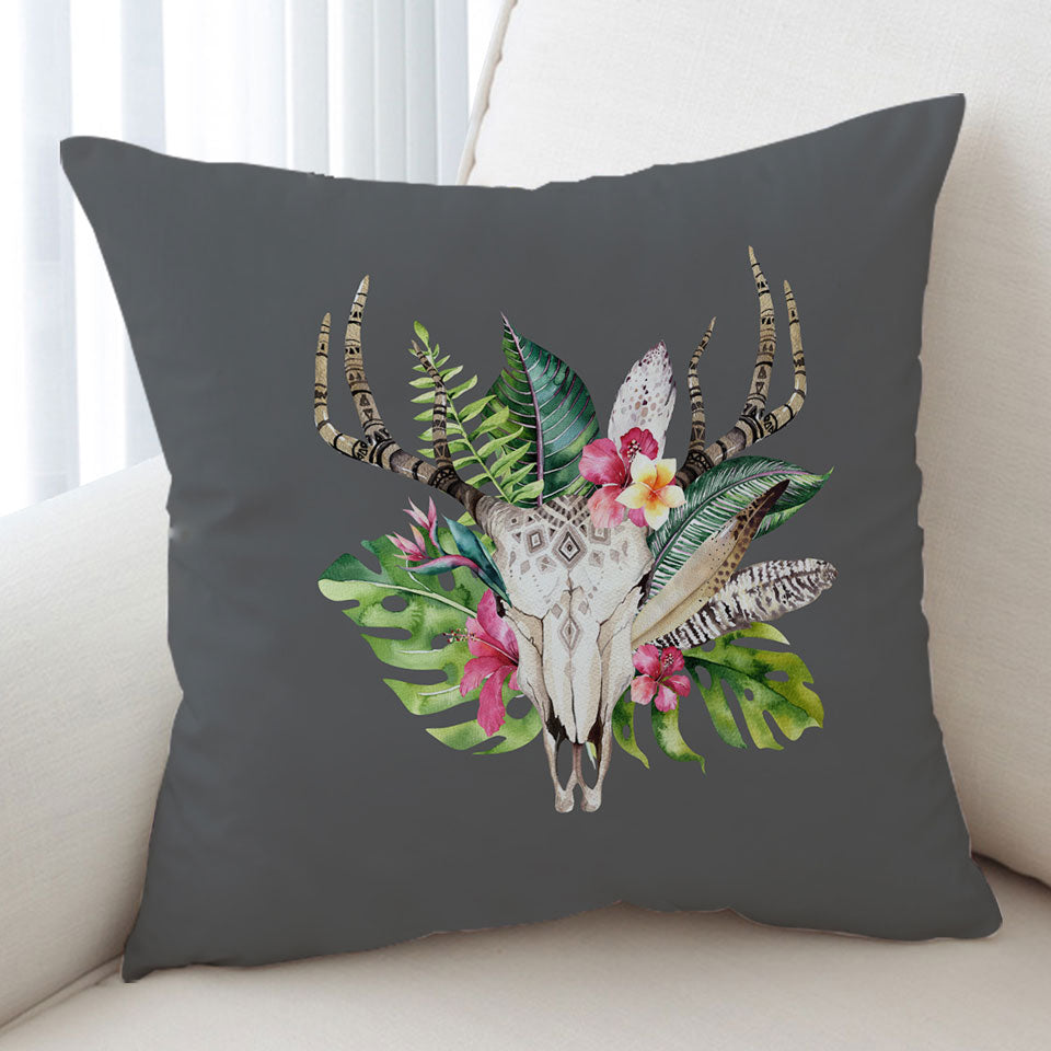 Tropical Flowers and Leaves Deer Skull Cushion Covers