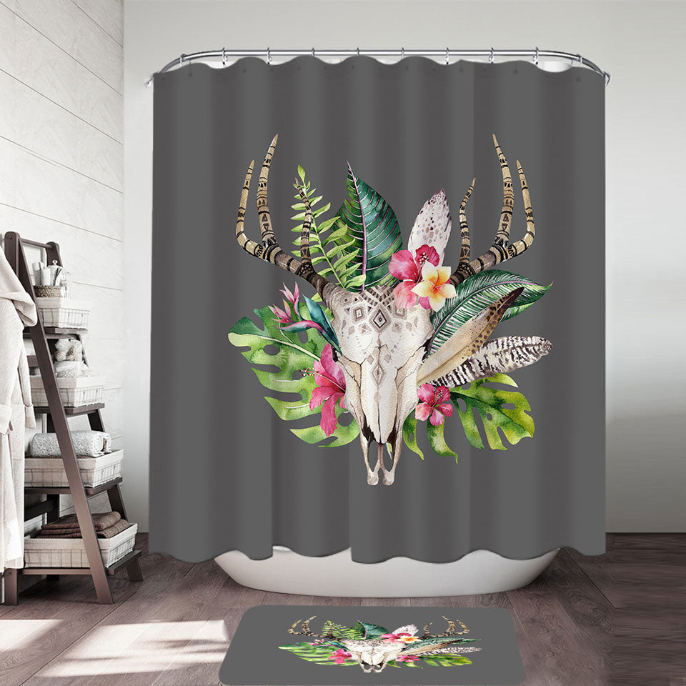 Tropical Flowers and Leaves Deer Skull Shower Curtain