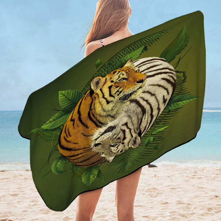 Tropical Leaves Yin Yang Tiger Swims Towel