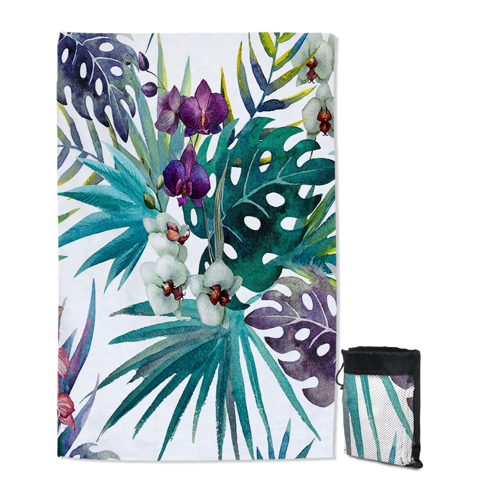 Tropical Lightweight Beach Towel Leaves and Purple White Orchid Flowers
