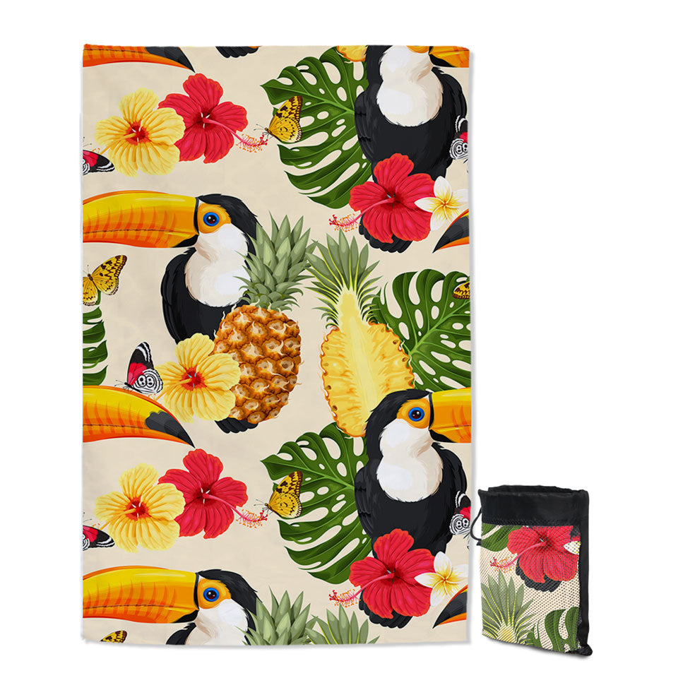 Tropical Quick Dry Beach Towels Toucans Tropical Flowers and Pineapple