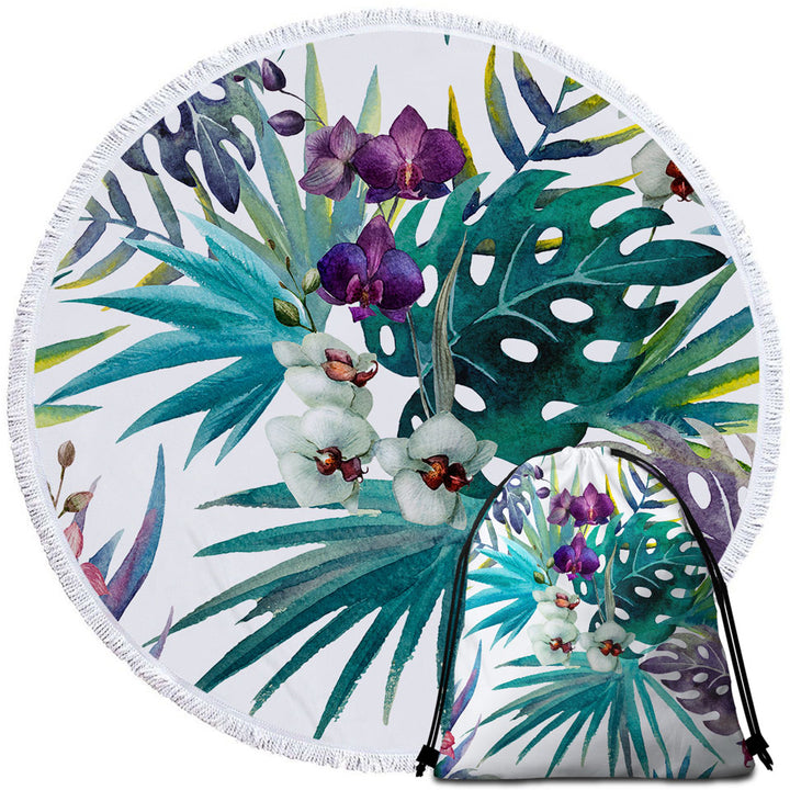 Tropical Round Beach Towel Beach Towels Leaves and Purple White Orchid Flowers