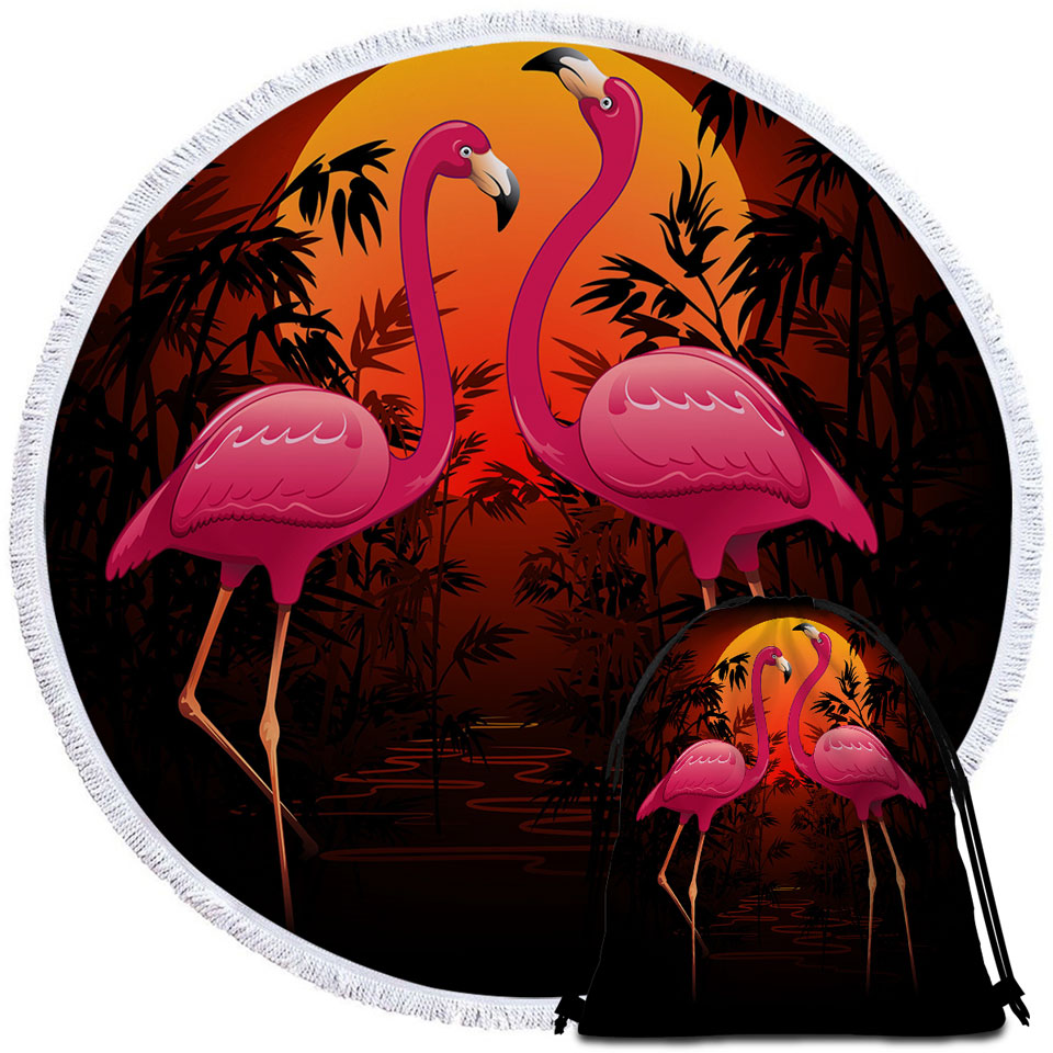 Tropical Round Beach Towel Sunset Flamingos