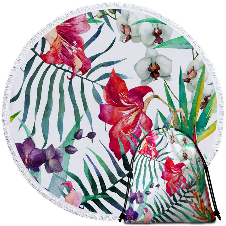 Tropical Round Beach Towels Purple White Orchid and Red Hibiscus Flowers