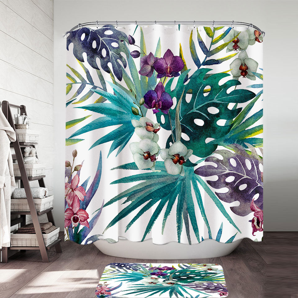 Tropical Shower Curtains Leaves and Purple White Orchid Flowers