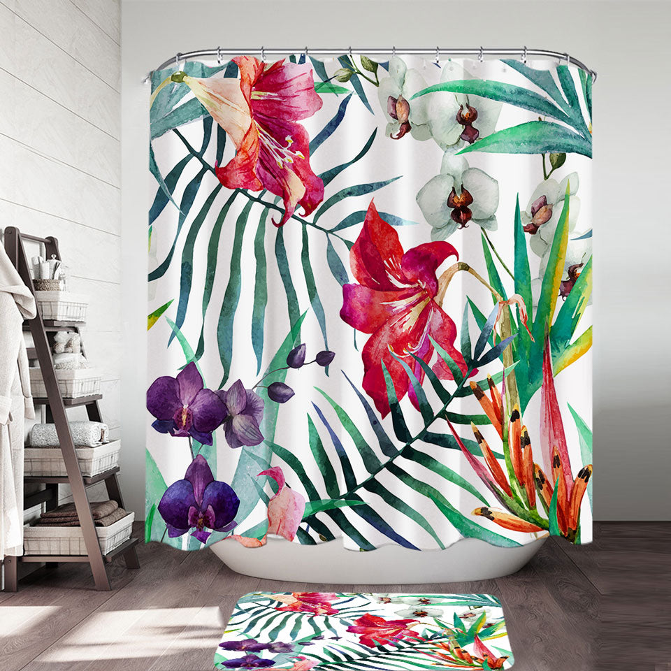 Tropical Shower Curtains Purple White Orchid and Red Hibiscus Flowers