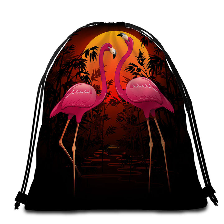 Tropical Sunset Flamingos Beach Towel Bags