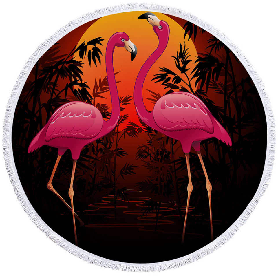 Tropical Sunset Flamingos Circle Beach Towel
