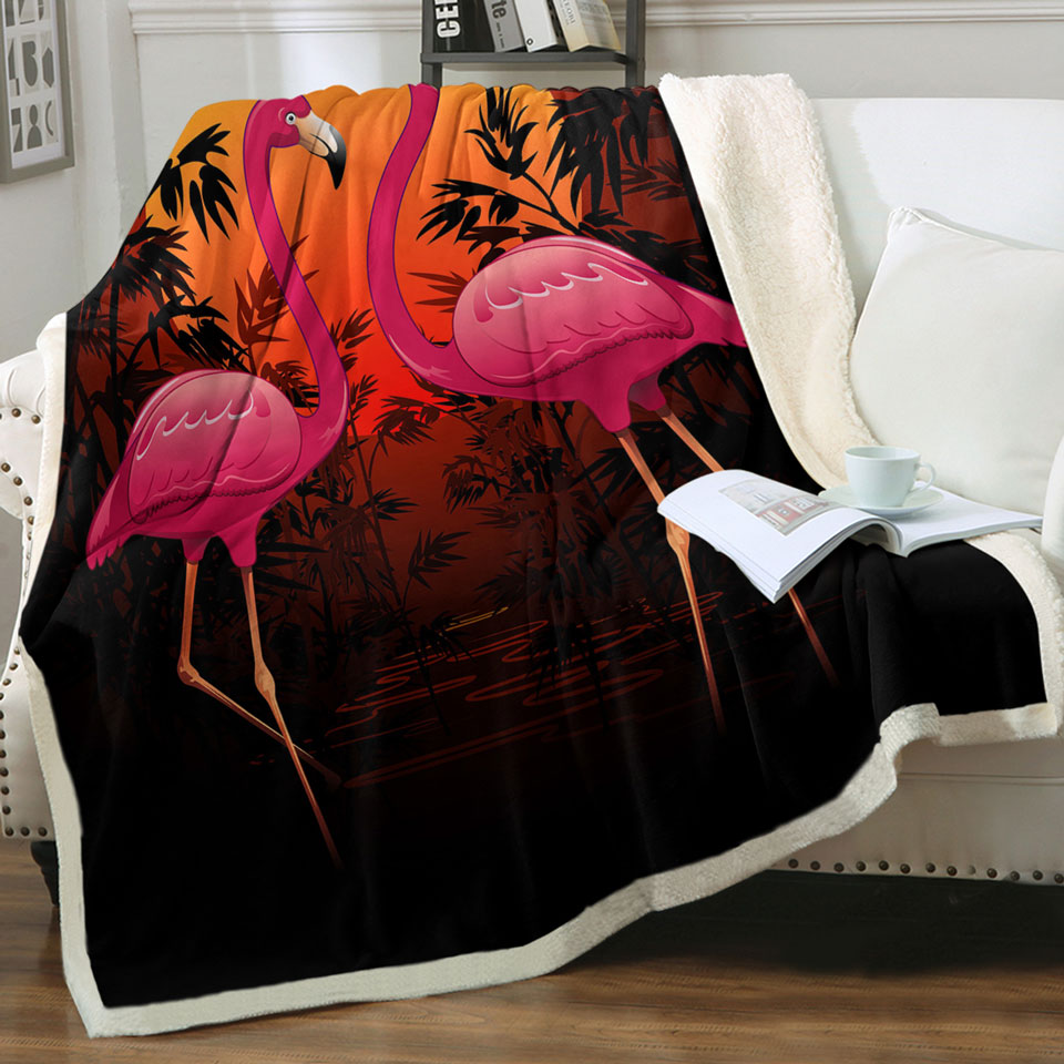 Tropical Sunset Flamingos Throw Blanket