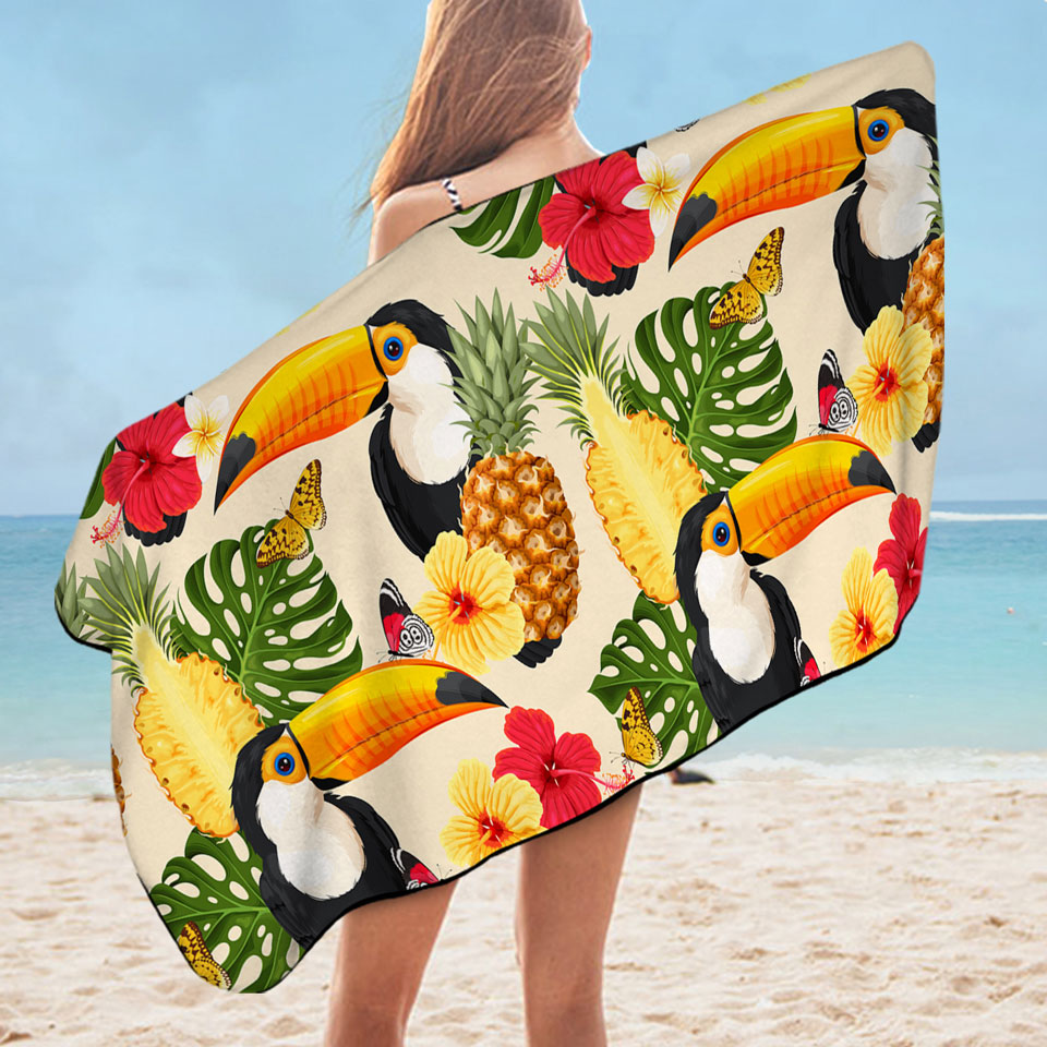 Tropical Swims Towels Toucans Tropical Flowers and Pineapple