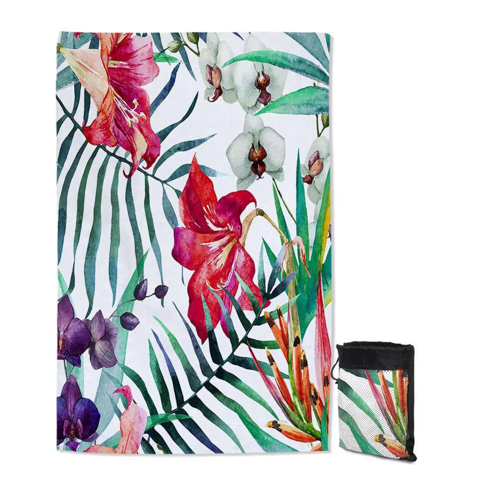 Tropical Thin Beach Towels Purple White Orchid and Red Hibiscus Flowers
