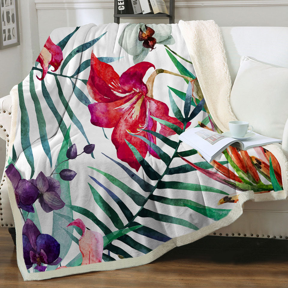 Tropical Throw Blankets Purple White Orchid and Red Hibiscus Flowers