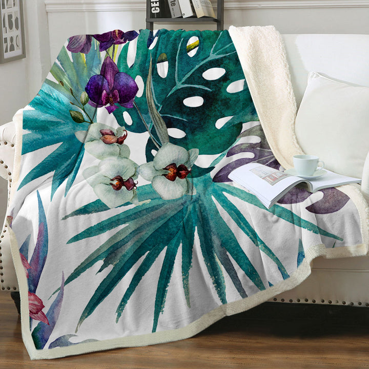 Tropical Throws Leaves and Purple White Orchid Flowers