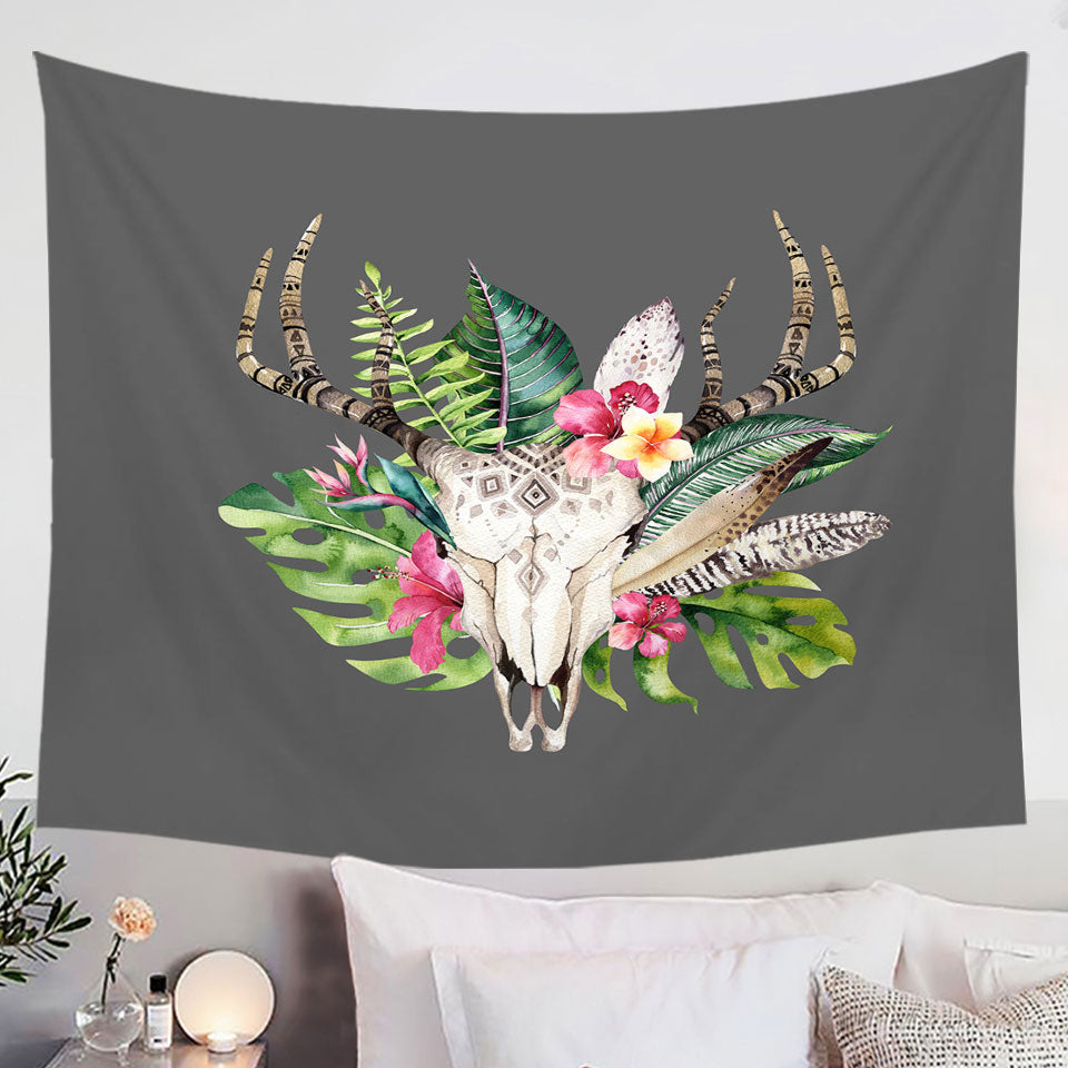 Tropical Wall Decor Tapestry Flowers and Leaves Deer Skull