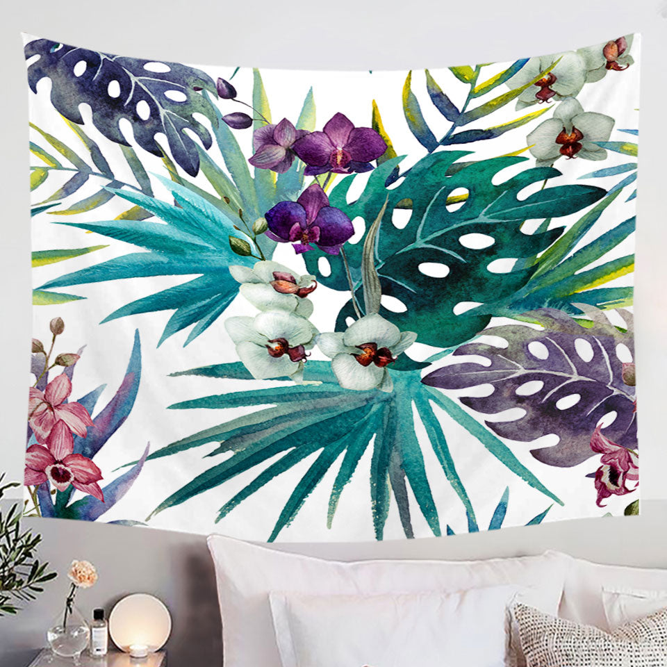Tropical Wall Decor Tapestry Leaves and Purple White Orchid Flowers