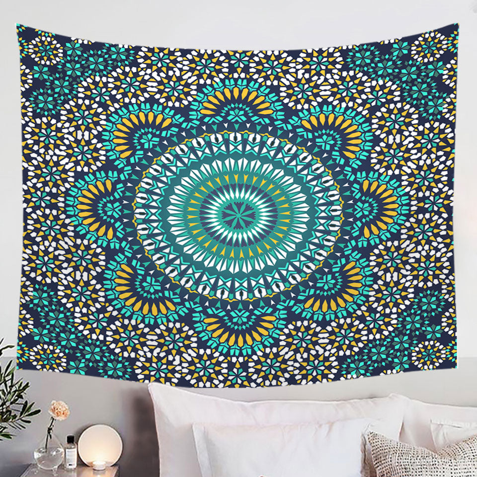 Turquoise White and Yellow Mandala Tapestry