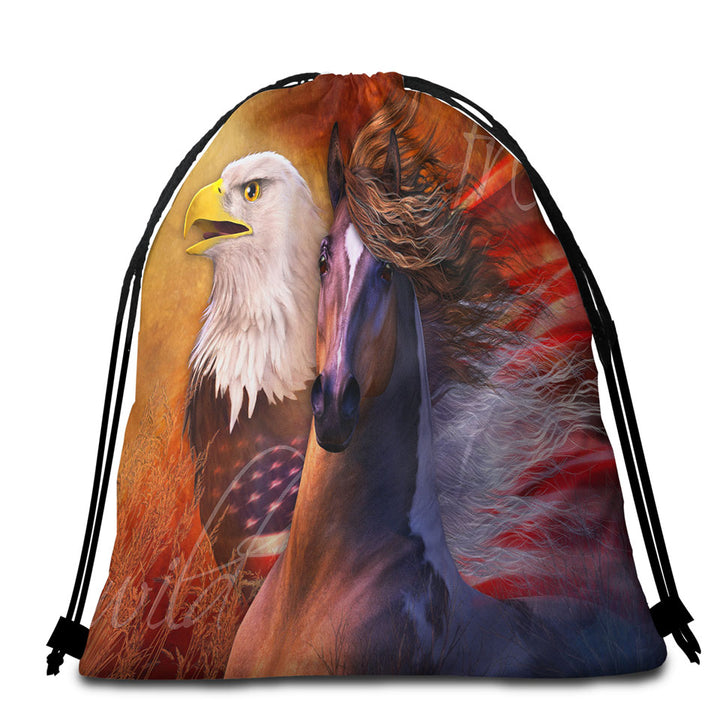 USA Beach Towel Bags Wild and Free American Eagle and Horse