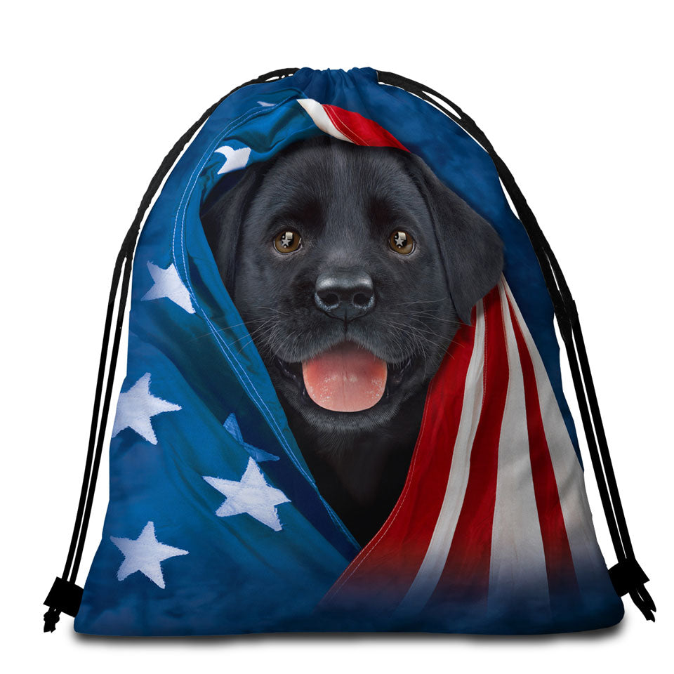 USA Flag Cute Black Labrador Puppy Beach Towel Bags