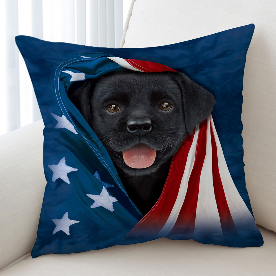 USA Flag Cute Black Labrador Puppy Cushion Cover