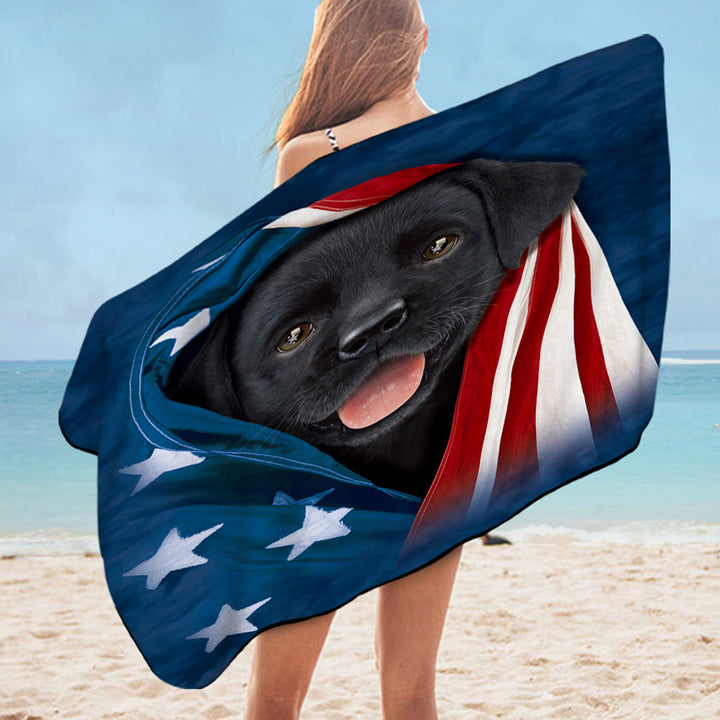 USA Flag Cute Black Labrador Puppy Microfiber Beach Towel
