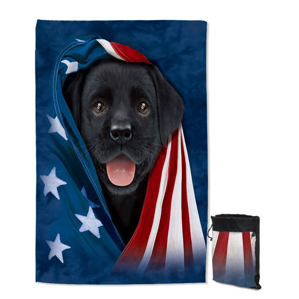USA Flag Cute Black Labrador Puppy Quick Dry Beach Towel