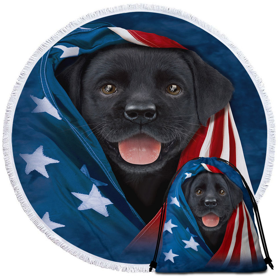 USA Flag Cute Black Labrador Puppy Travel Beach Towel