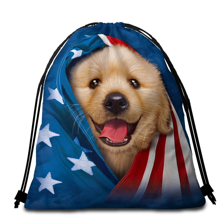 USA Flag Cute Golden Labrador Puppy Beach Bags and Towels