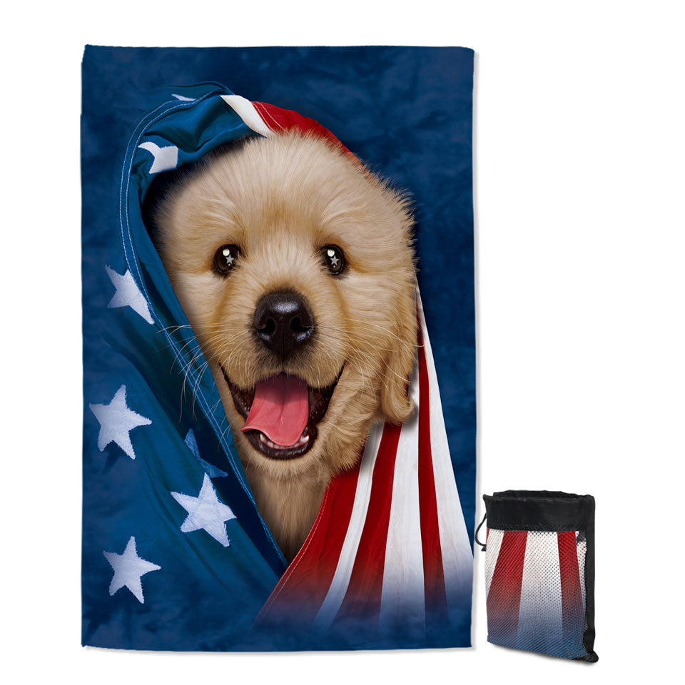 USA Flag Cute Golden Labrador Puppy Beach Towels