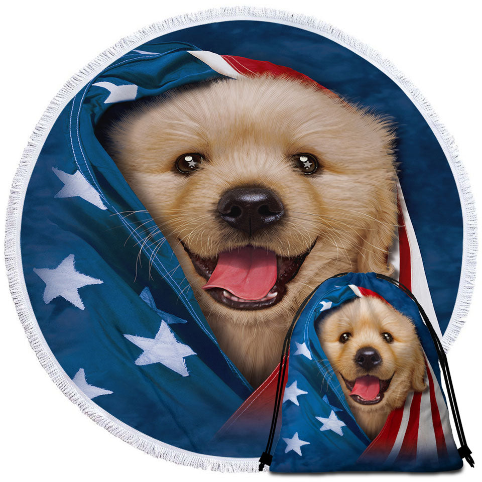USA Flag Cute Golden Labrador Puppy Circle Beach Towel