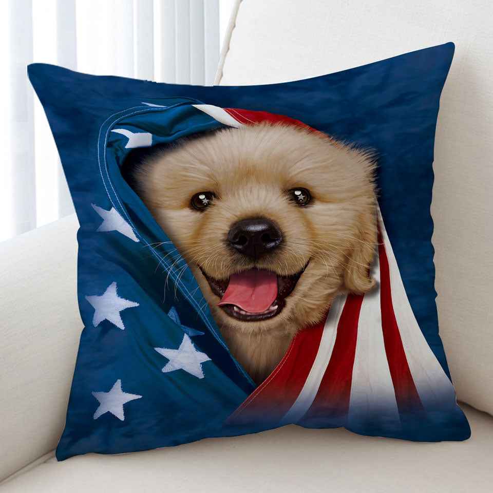 USA Flag Cute Golden Labrador Puppy Cushion