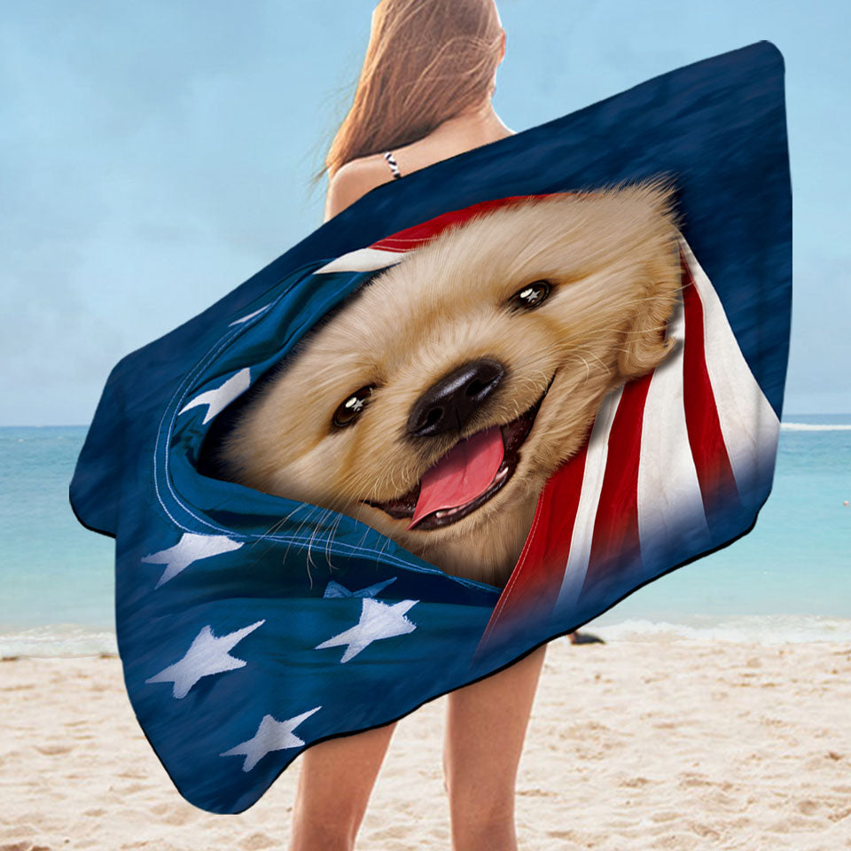 USA Flag Cute Golden Labrador Puppy Pool Towels