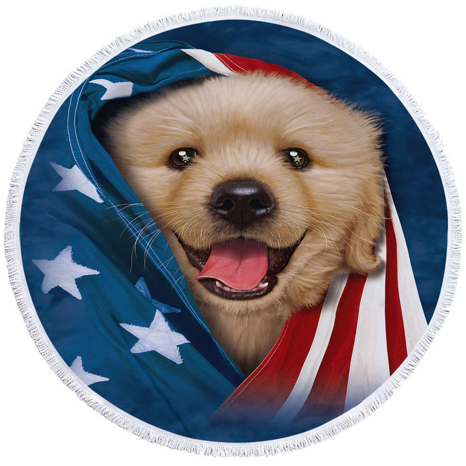 USA Flag Cute Golden Labrador Puppy Round Beach Towel