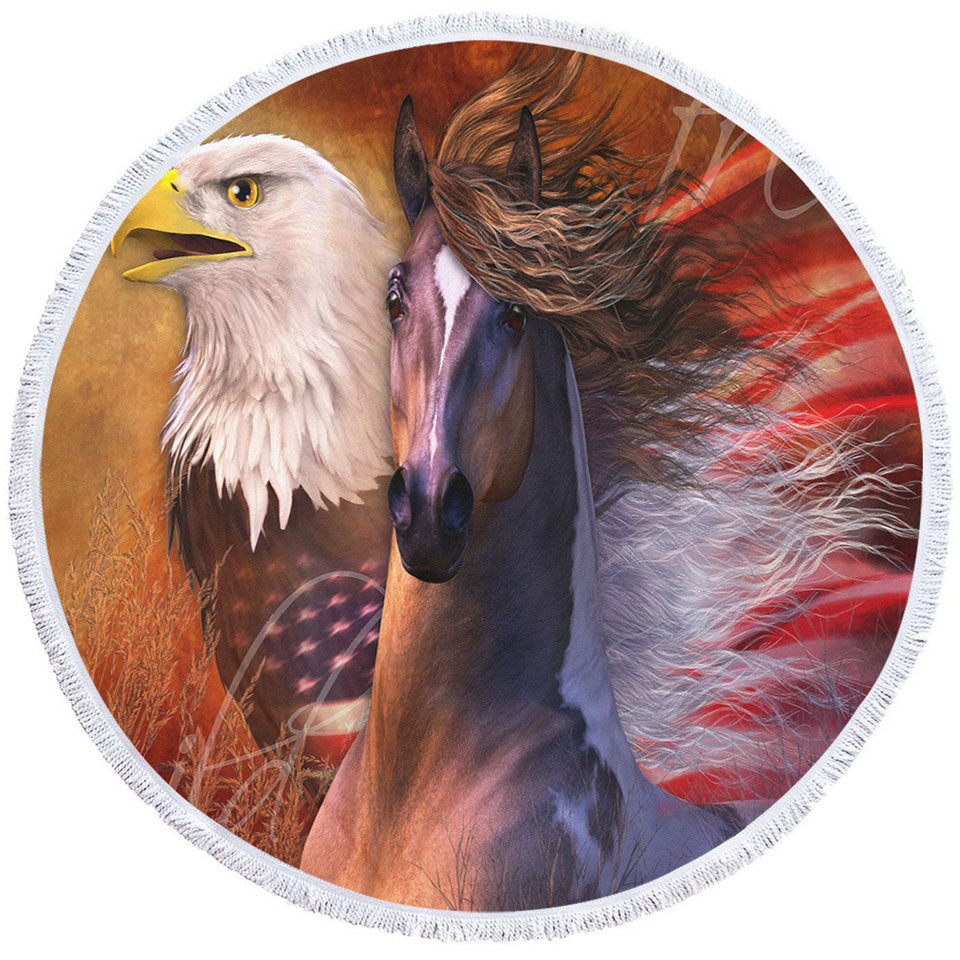 USA Round Beach Towel Wild and Free American Eagle and Horse
