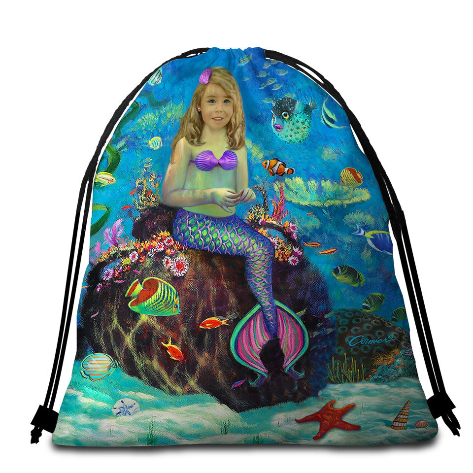 Underwater Art Fish and Girl Mermaid Beach Towels and Bags Set