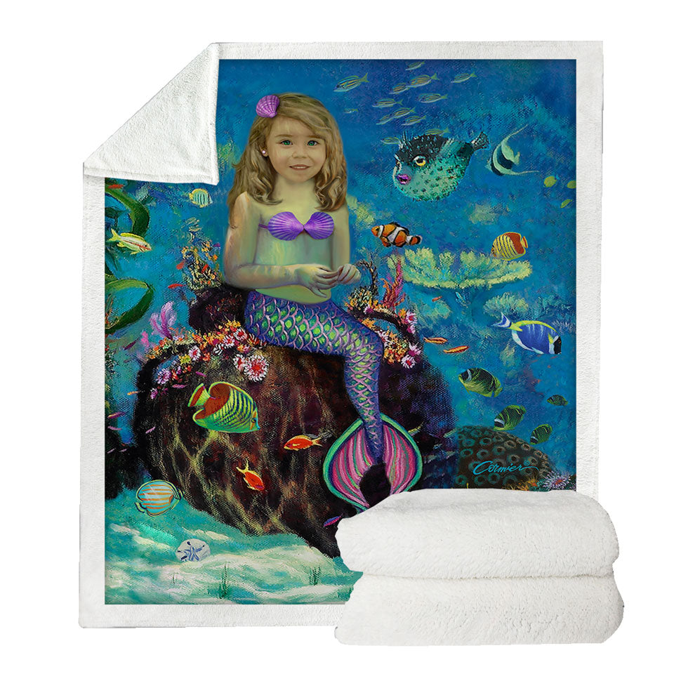 Underwater Art Fish and Girl Mermaid Fleece Blankets