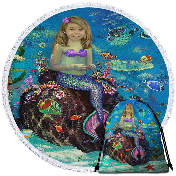 Underwater Art Fish and Girl Mermaid Round Beach Towel