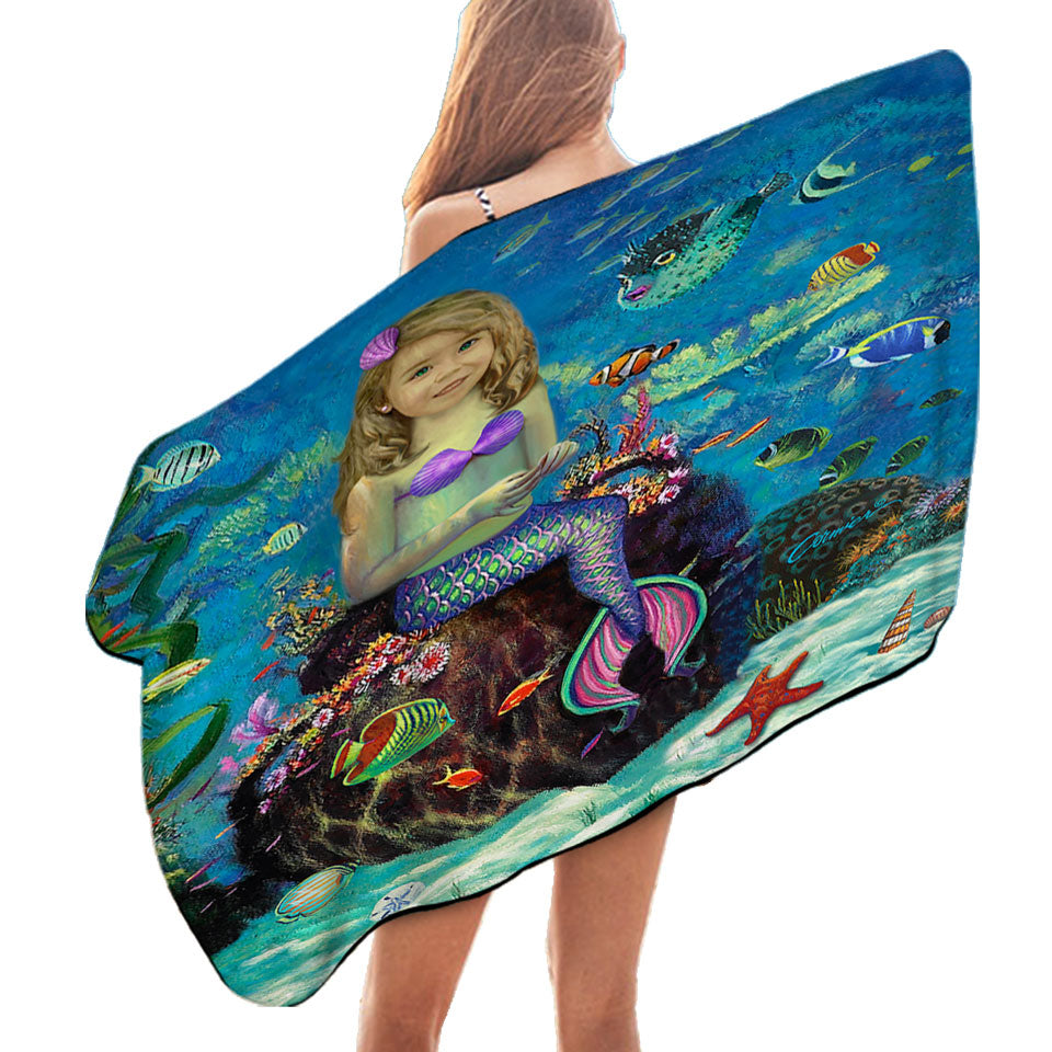 Underwater Art Fish and Girl Mermaid Swims Towel and Pool Towel