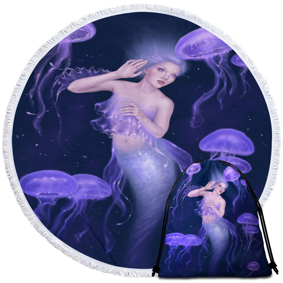 Underwater Art Purple Jellyfish and Mermaid Beach Towels and Bags Set