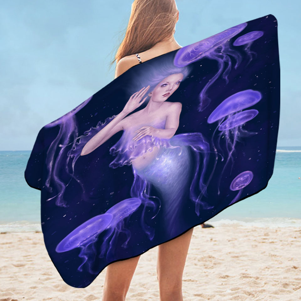 Underwater Art Purple Jellyfish and Mermaid Beach Towels